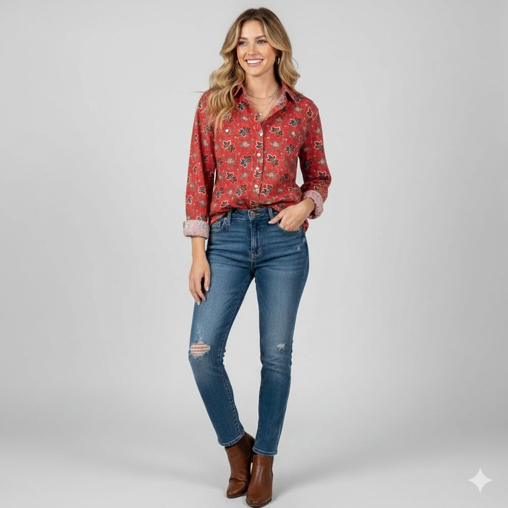 BANANA REPUBLIC Women's M Red Floral Americana Pearl Snap Shirt Vintage 90s Boho